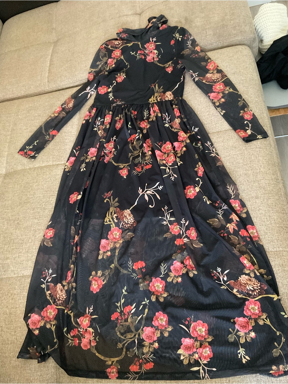Vero Moda Black Long-Sleeve Floral Maxi Dress with Pink Roses